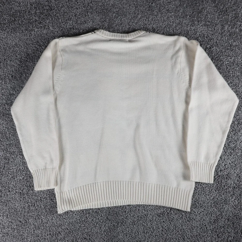 Oscar de la Renta Mens Large Plaid Crewneck Sweater Cream Cotton Knit Pullover